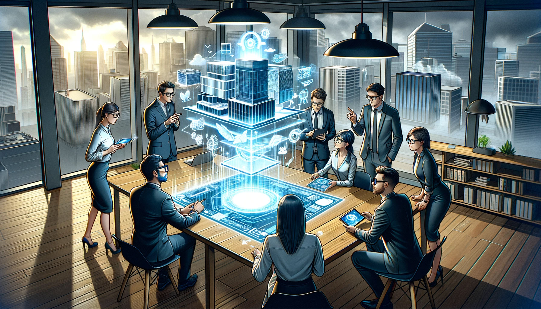 Augmented Reality: Elevating Engagement - This image portrays a group of professionals engaging with a holographic projection in a modern office setting, highlighting the interactive possibilities of augmented reality in the professional world.