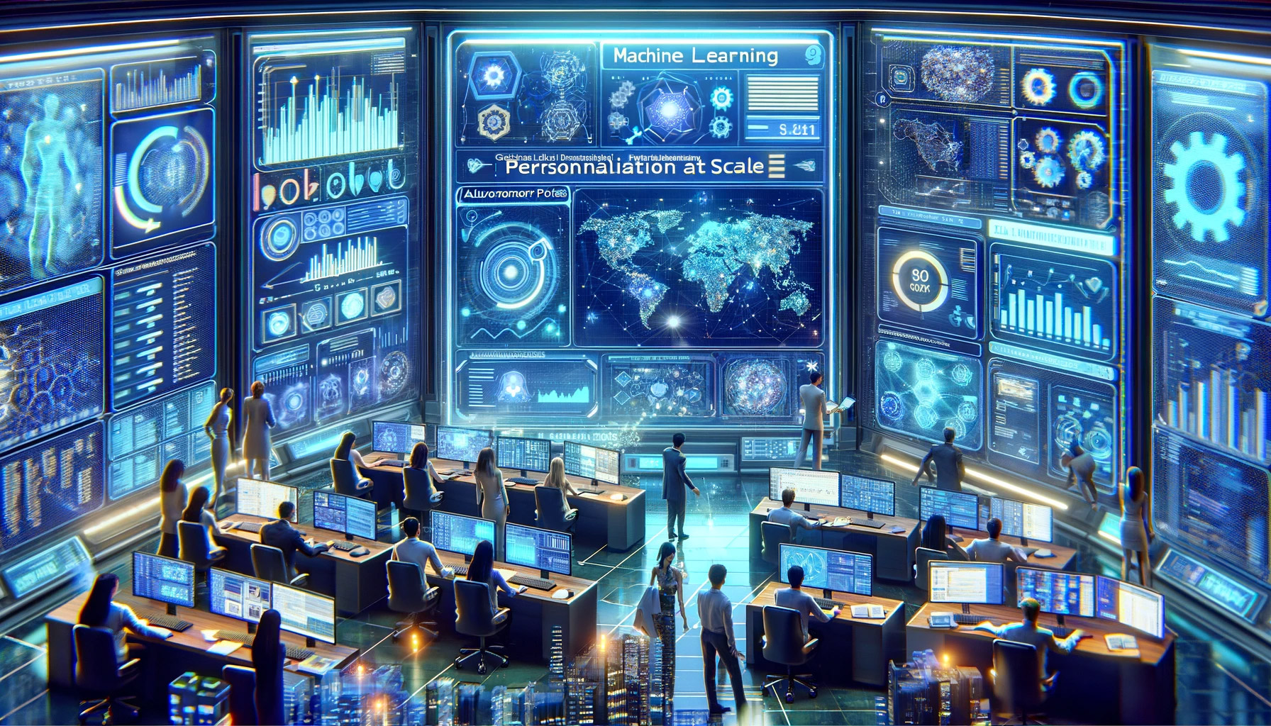 Machine Learning: Personalisation at Scale - This image illustrates a futuristic control room where a team of experts is refining marketing strategies through sophisticated data analytics, showcasing the impact of machine learning on personalisation.