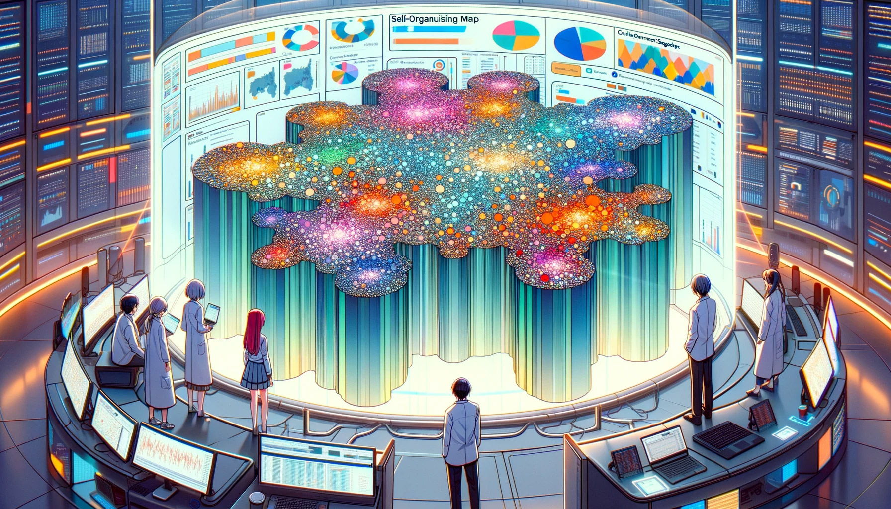 Self-Organising Maps: A New Frontier in Customer Segmentation - This image depicts data scientists observing a holographic display of a self-organising map, emphasizing the innovative approach to customer segmentation through dynamic data analysis.