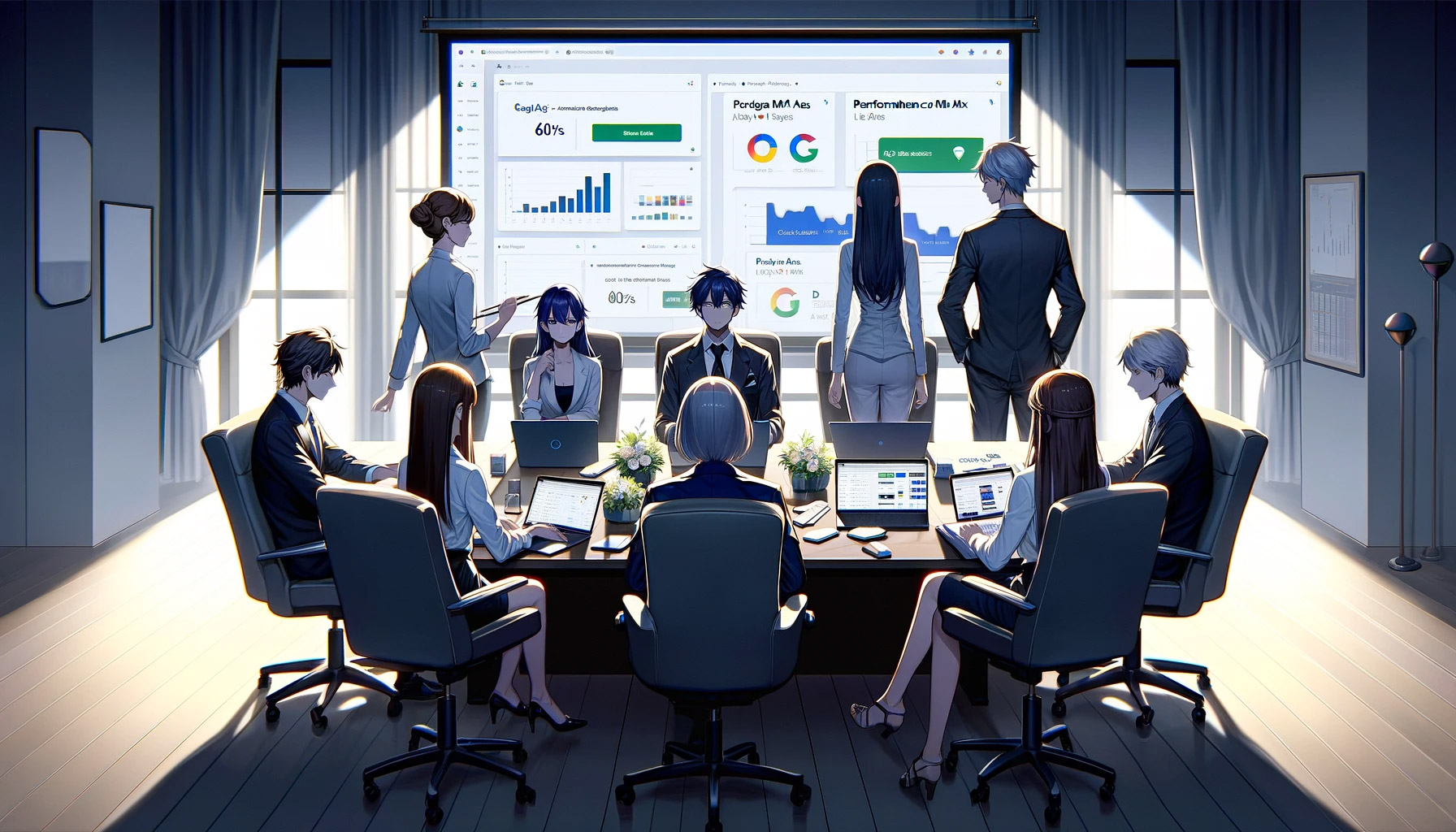 Strategising in Digital Marketing: A serene scene depicting a team's collaborative effort to navigate Performance Max campaign strategies with Google Ads and GA4 analytics, set in a minimalistic digital agency environment.